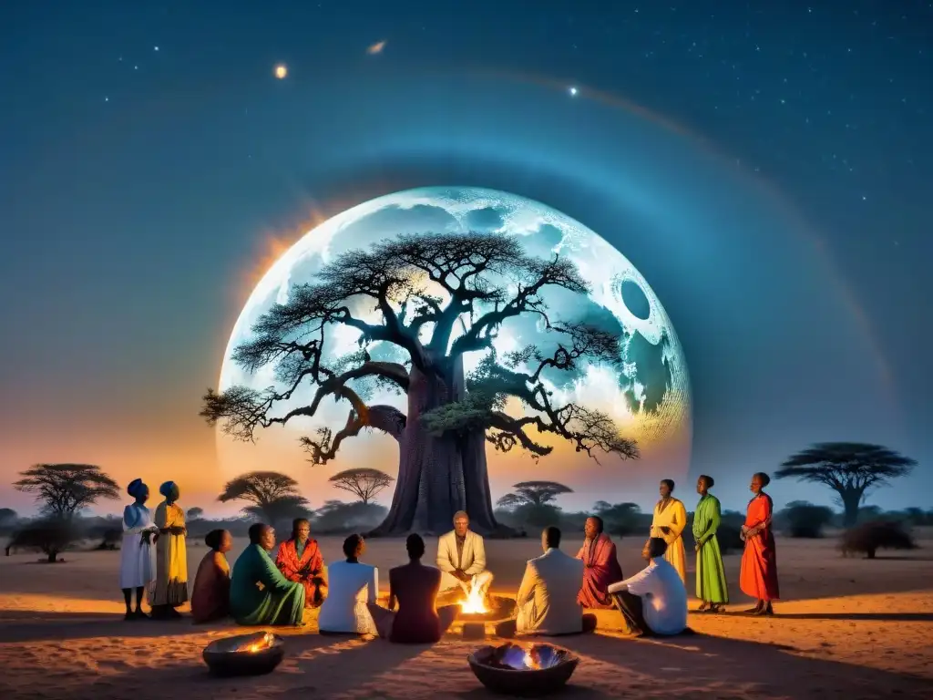 Un grupo de personas en atuendos tradicionales africanos observan un eclipse lunar bajo un cielo estrellado, rodeados de baobabs