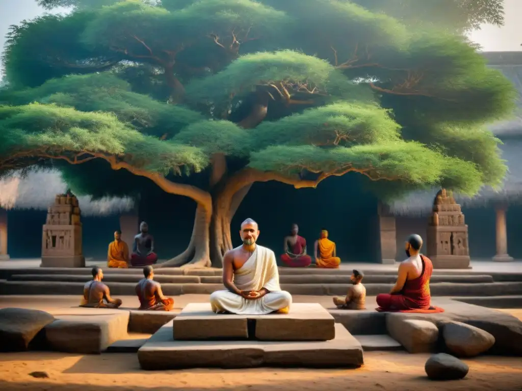 Grupo de personas de diferentes civilizaciones meditando bajo un árbol Bodhi en relieve, destacando la integración de la meditación antigua