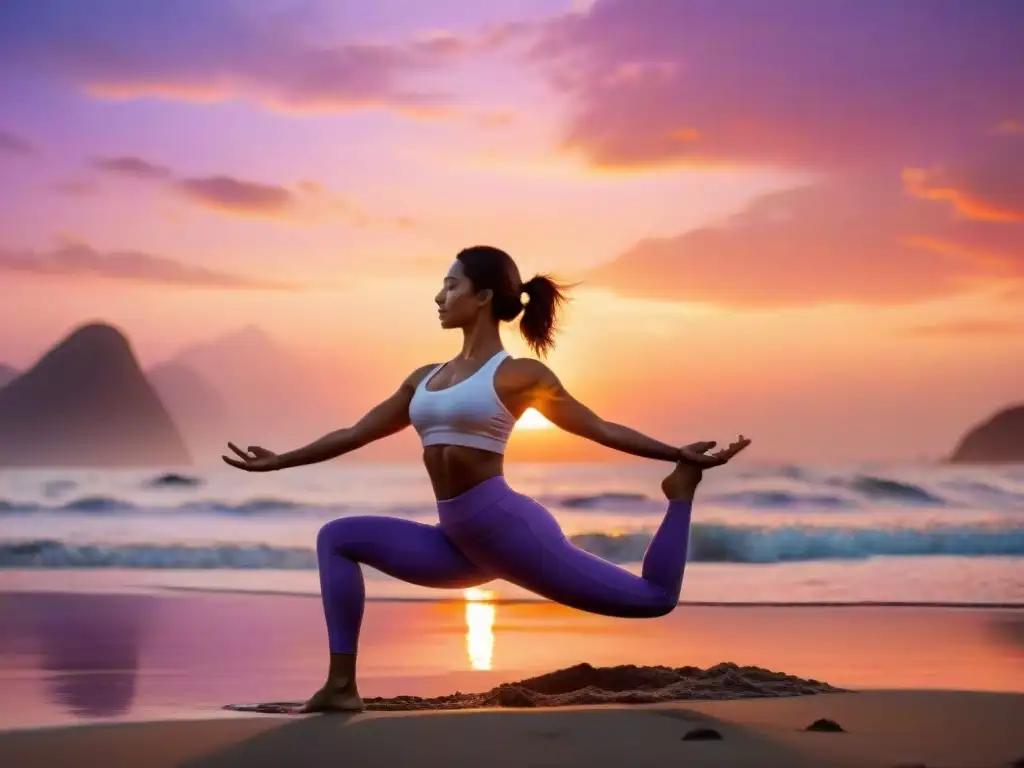 Un grupo de personas diversas practicando yoga al atardecer en la playa, mostrando la belleza y gracia de la disciplina