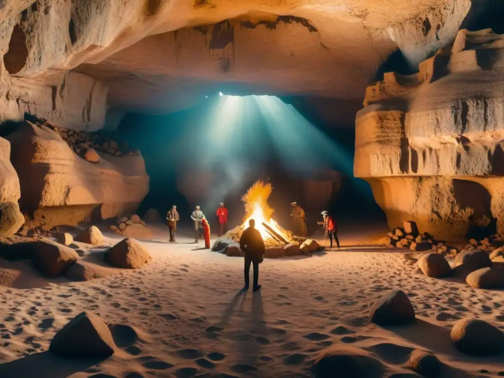 Un grupo de personas encadenadas en una antigua cueva iluminada por antorchas, uno se libera hacia la luz del conocimiento