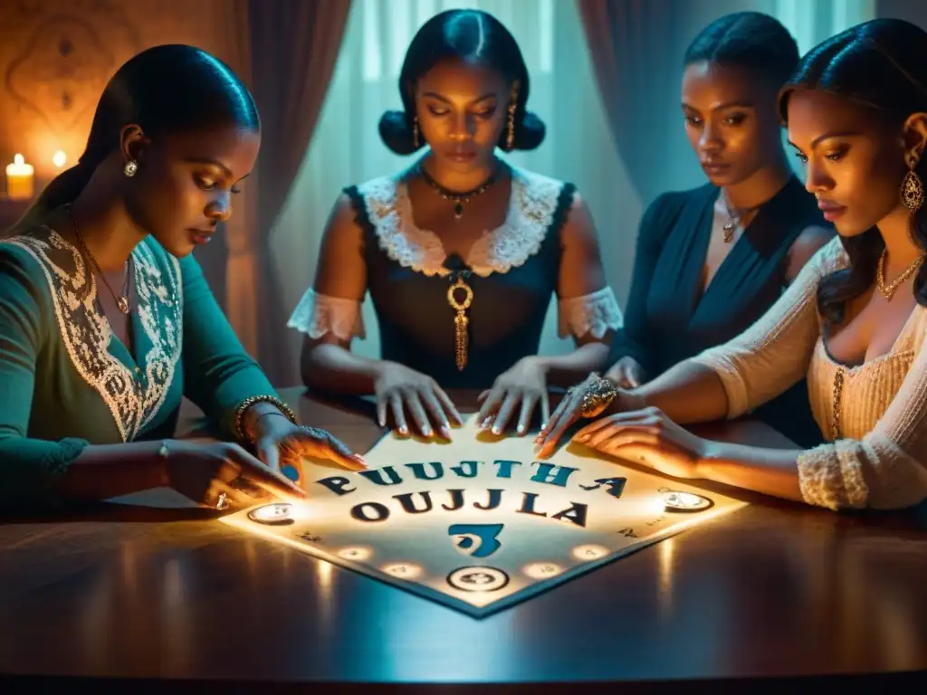 Un grupo de personas se reúnen en una habitación tenue alrededor de una tabla Ouija, con velas y decoración vintage