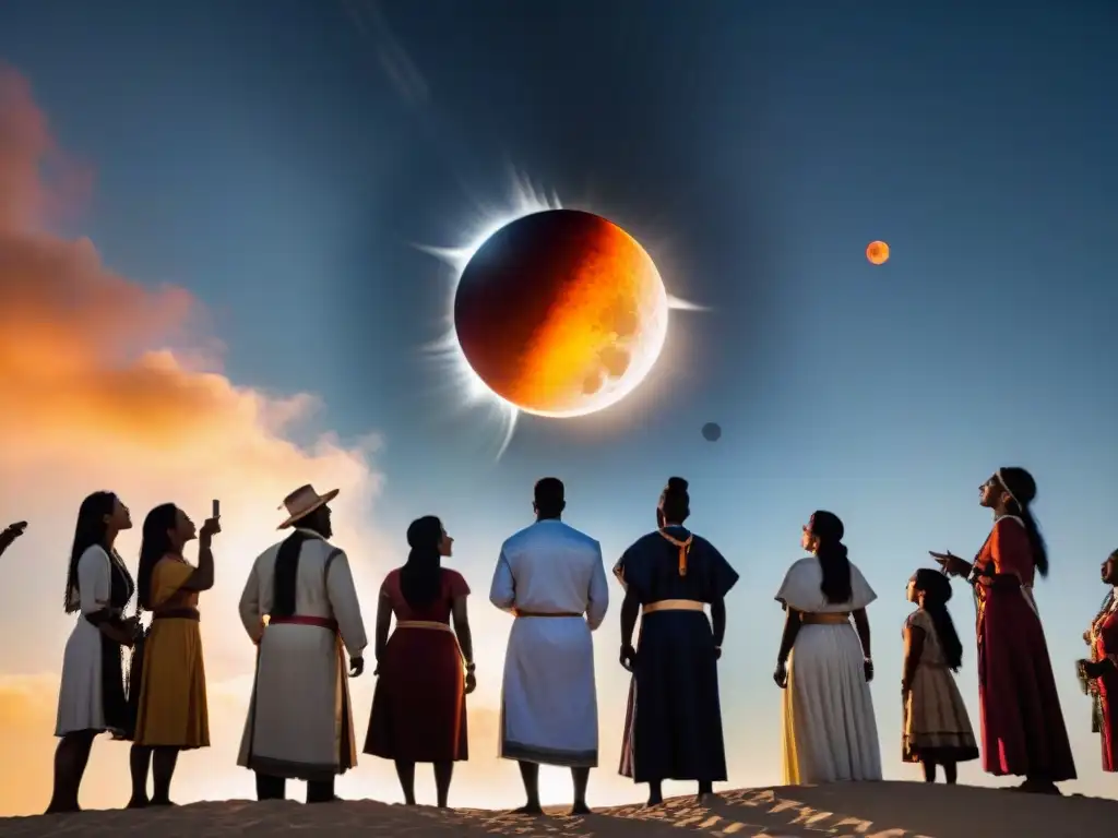 Un grupo de personas indígenas de diferentes culturas señalan al cielo durante un eclipse solar, mostrando la dualidad de mitologías globales