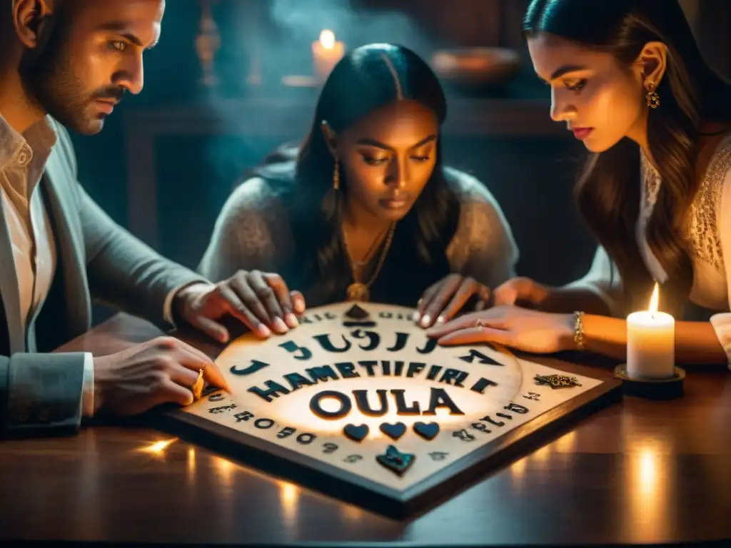 Un grupo de personas se reúnen alrededor de una ouija, con el planchette moviéndose misteriosamente