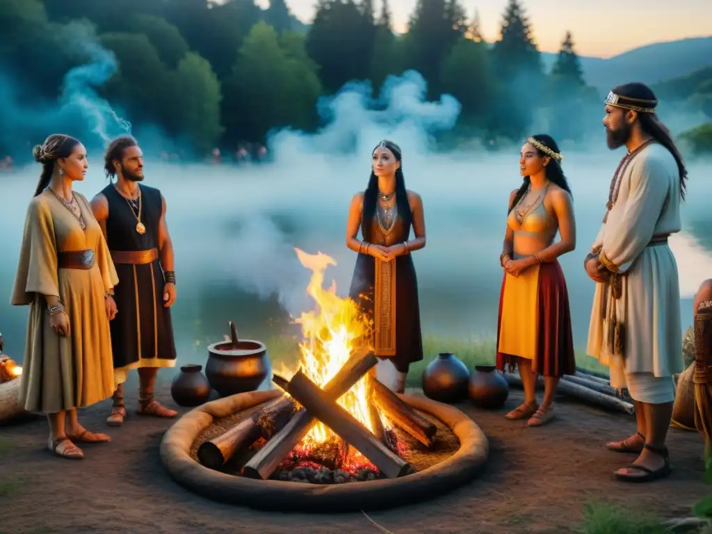 Un grupo de personas en trajes paganos antiguos celebran el solsticio de verano alrededor de una hoguera en el bosque