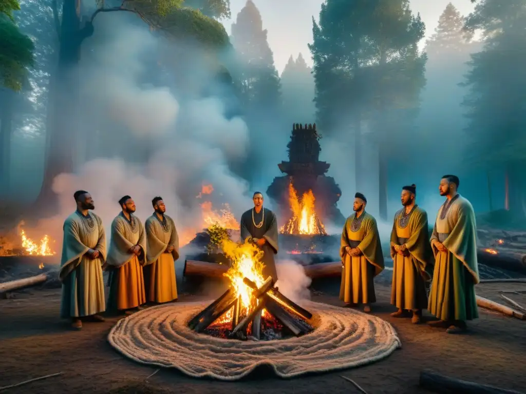 Un grupo de personas en túnicas ceremoniales antiguas rodea una hoguera en un bosque al anochecer, listos para un ritual antiguo