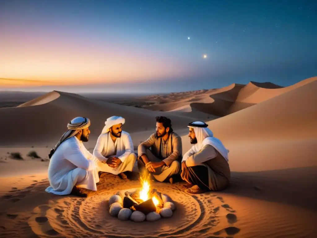 Grupo de poetas beduinos recitando poemas antiguos alrededor de la hoguera en el desierto, bajo un cielo estrellado