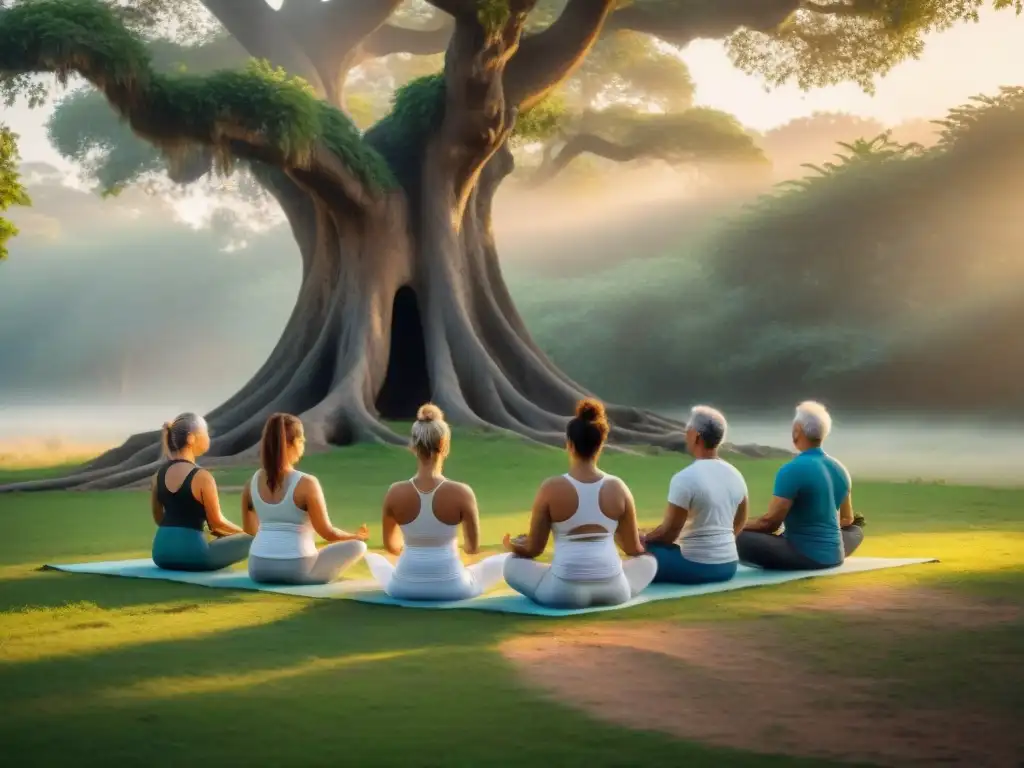 Un grupo de ancianos yoguis practica posturas bajo un árbol antiguo al atardecer, preservando sabiduría a través del yoga