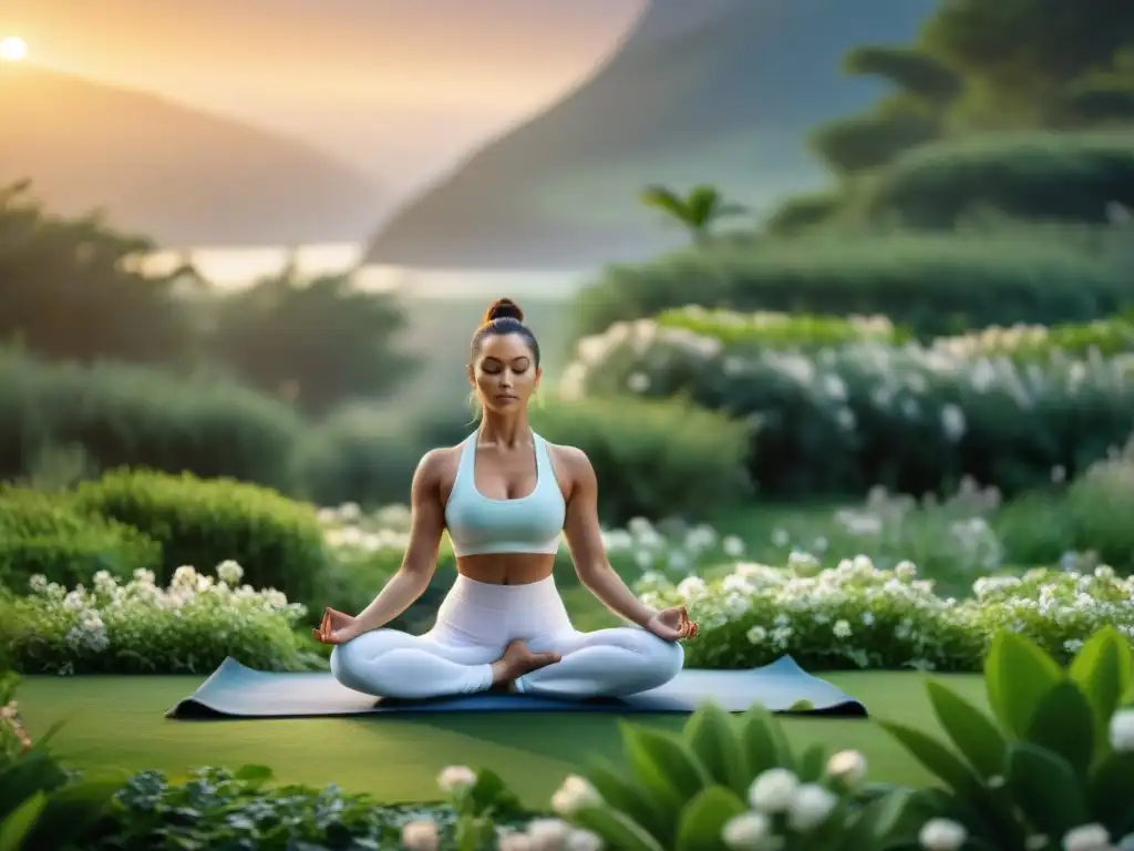 Grupo en práctica de yoga al amanecer en un jardín exuberante con flores, transmitiendo paz y equilibrio