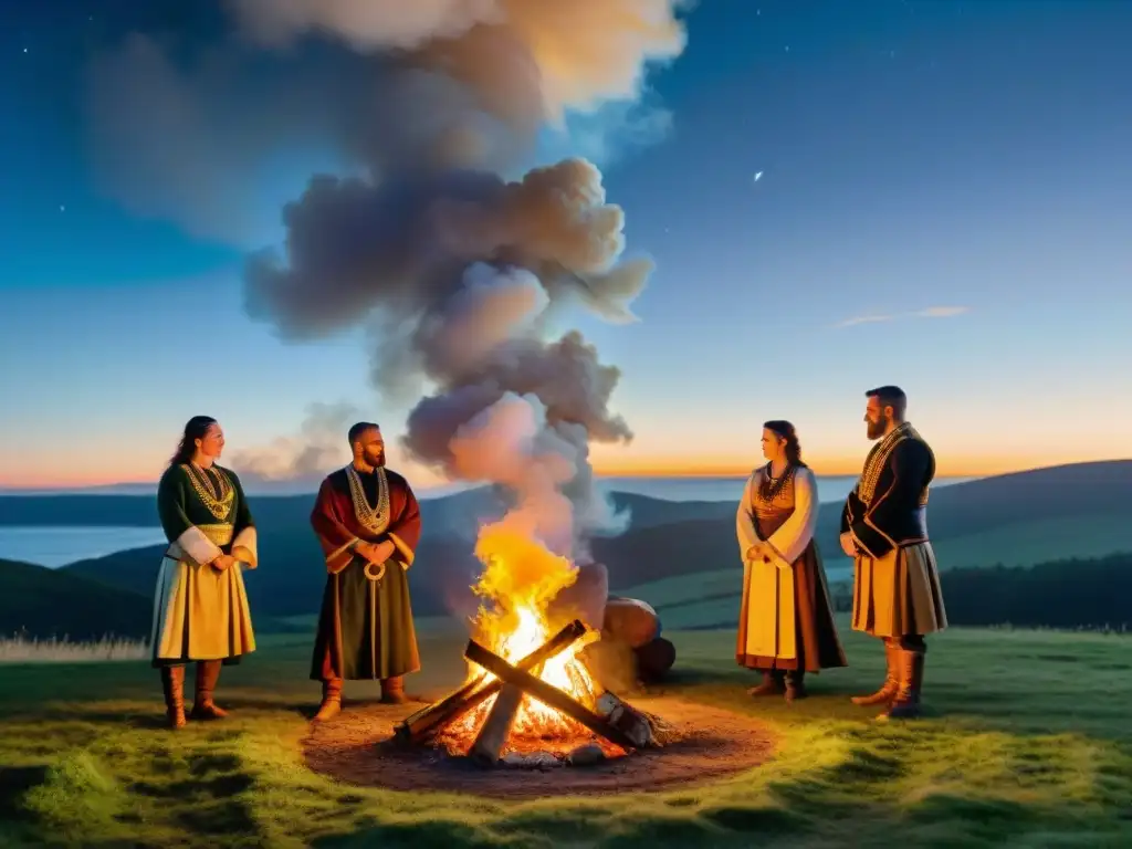 Grupo celebrando rituales celtas alrededor de una fogata bajo un cielo estrellado