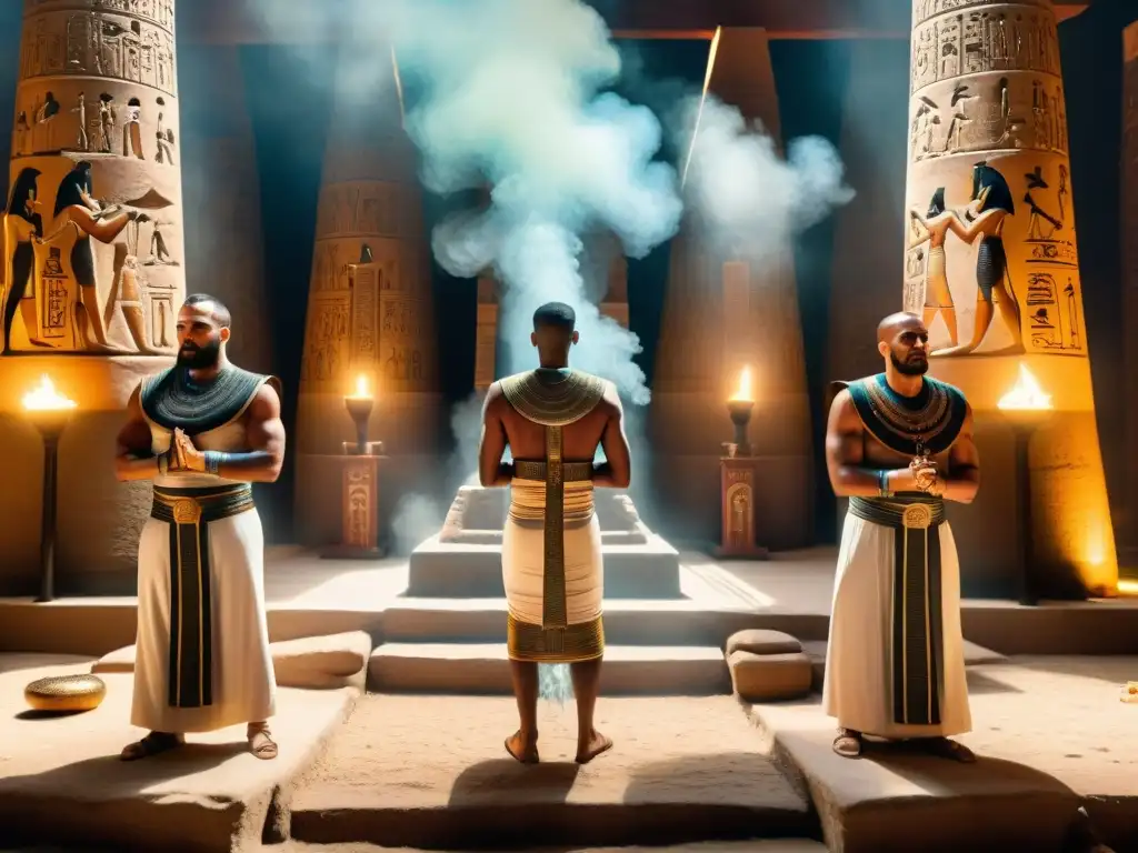 Misterioso ritual de iniciación egipcio en templo antiguo Grupo de sacerdotes egipcios realizando rituales de iniciación en arte antiguo en templo iluminado con símbolos y carvings detallados