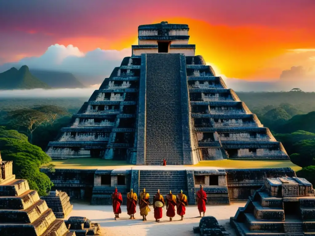 Grupo de sacerdotes mayas realizando un ritual en una pirámide al atardecer, simbolizando el concepto de eternidad en culturas antiguas