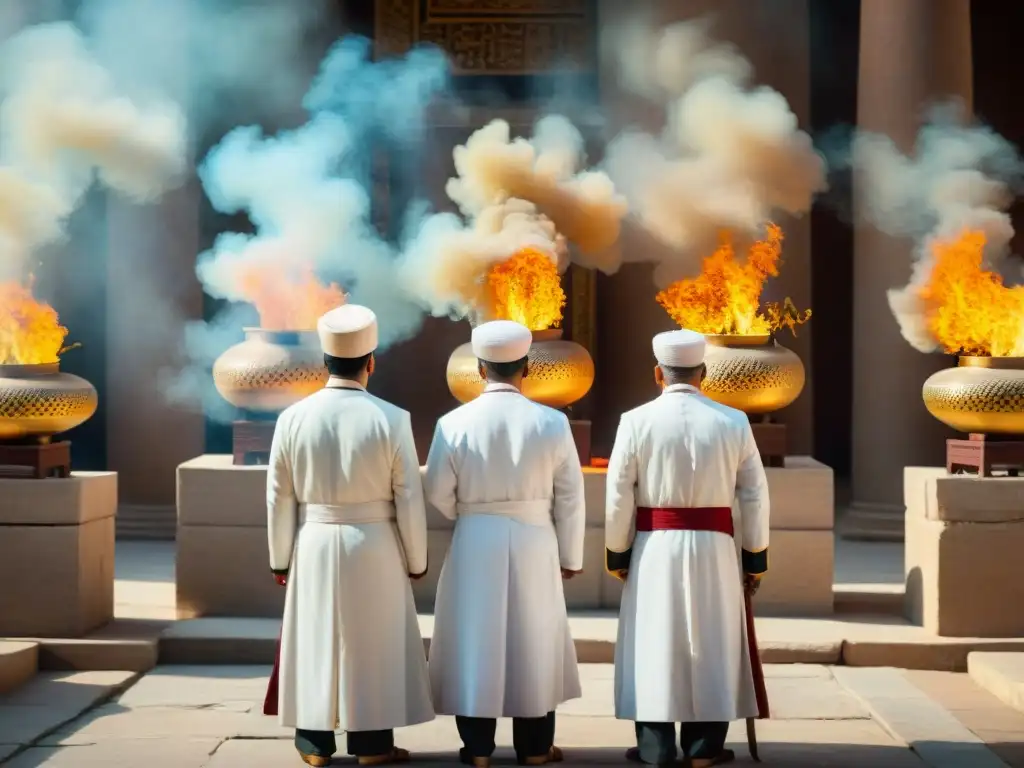 Grupo de sacerdotes zoroástricos en ritual de fuego, vestidos con túnicas blancas bordadas