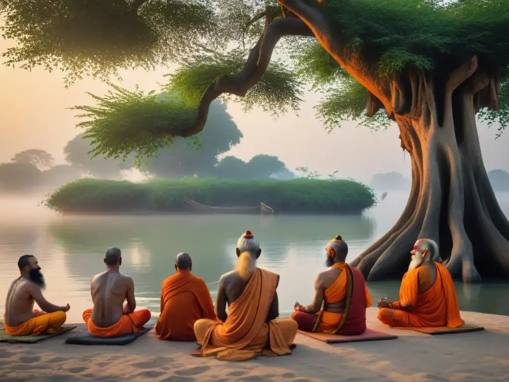 Un grupo de sadhus hindúes en meditación junto al sagrado río Ganges, bajo un árbol banyan