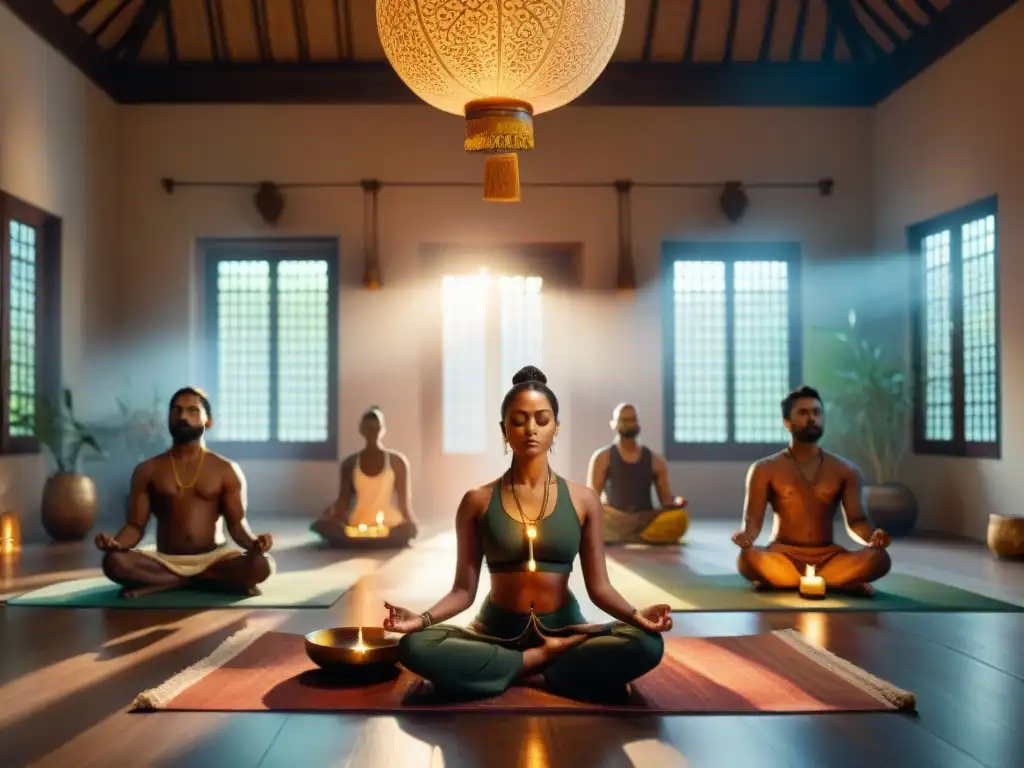 Grupo meditando en sala serena con tapices e incienso, reflejando prácticas de meditación hindú antigua