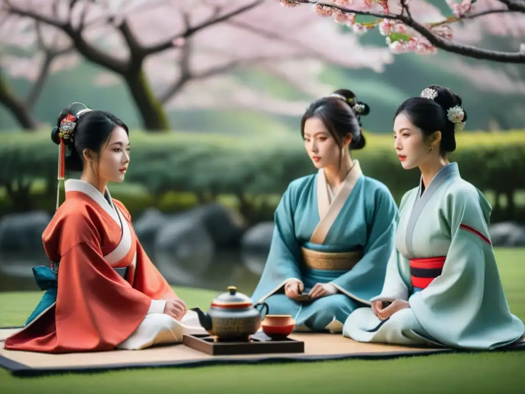 Grupo de samuráis en armaduras tradicionales realizando un ritual de té en un jardín japonés, rodeados de árboles de cerezo en flor