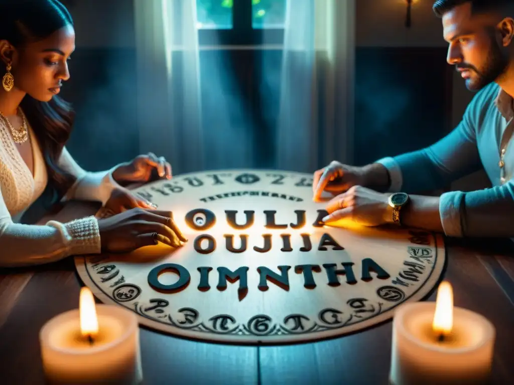 Un grupo en torno a una Ouija en penumbra, con caras iluminadas por velas