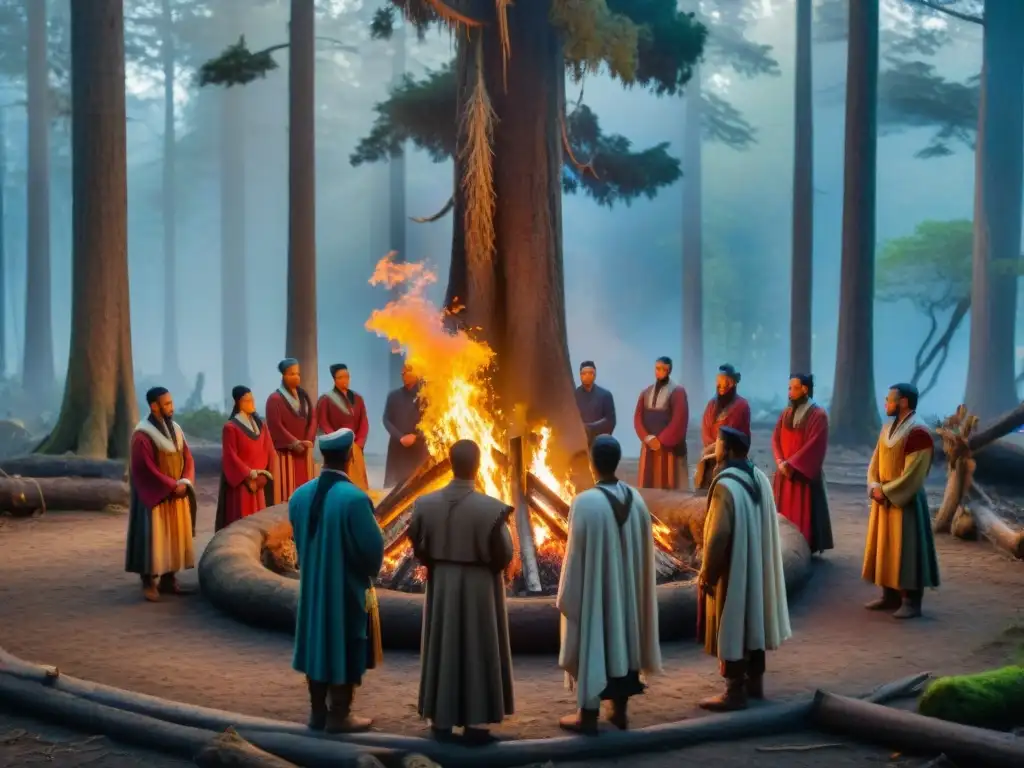 Un grupo en trajes ceremoniales alrededor de una fogata en un bosque antiguo, con objetos rituales