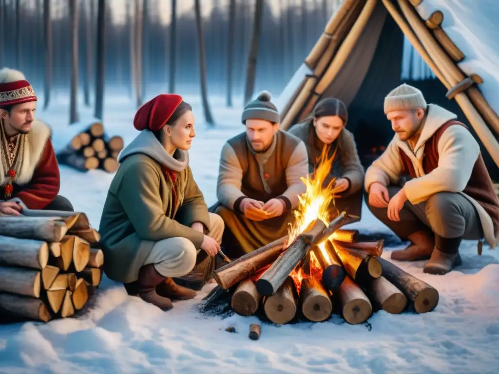 Grupo en trajes eslavos alrededor de fogata en bosque nevado