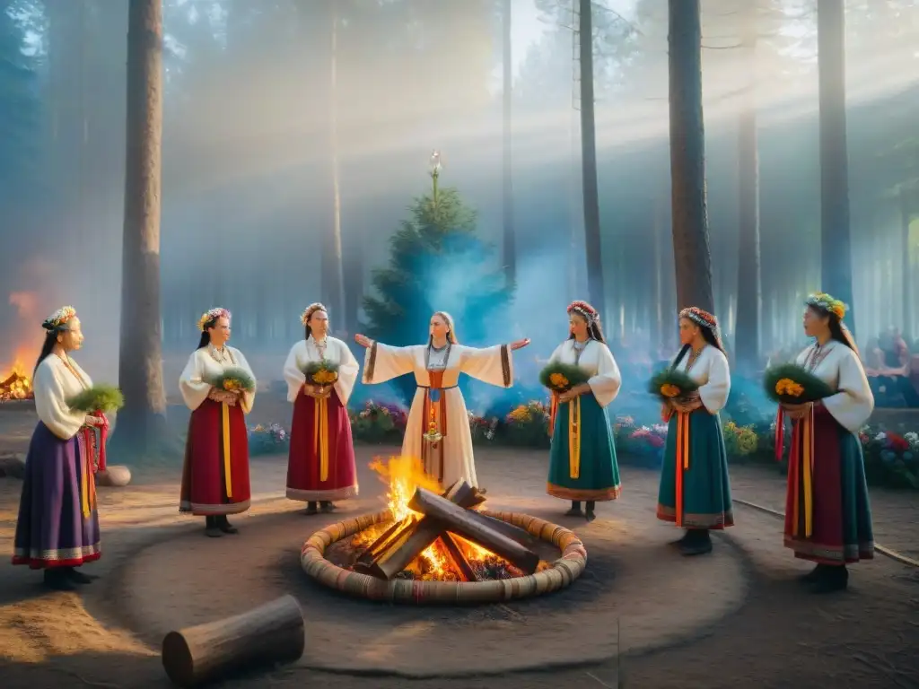 Grupo en trajes eslavos, ritual alrededor de la hoguera en el bosque con símbolos de deidades