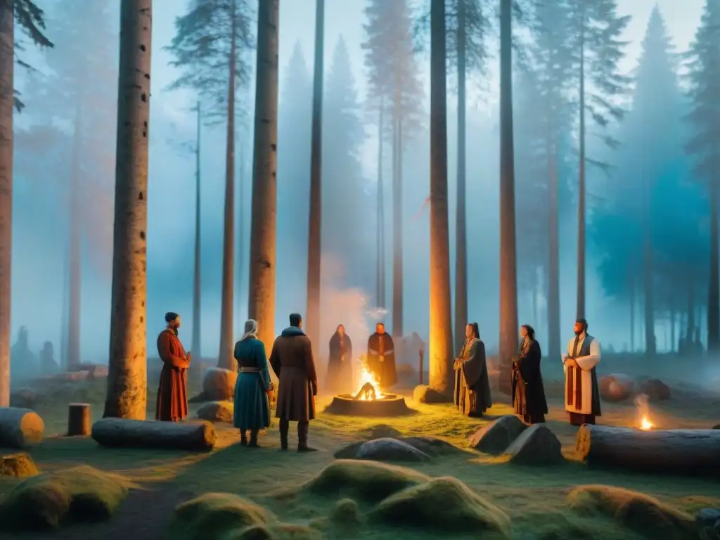 Grupo en trajes nórdicos realizando un ritual en el bosque al anochecer, rodeados de símbolos rúnicos