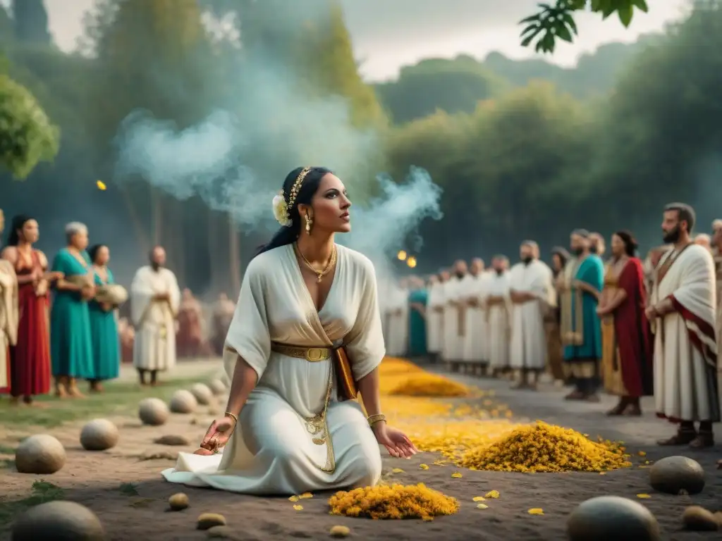 Grupo en trajes romanos en rituales de fertilidad en Lupercales, con sacerdotisa esparciendo pétalos de flores