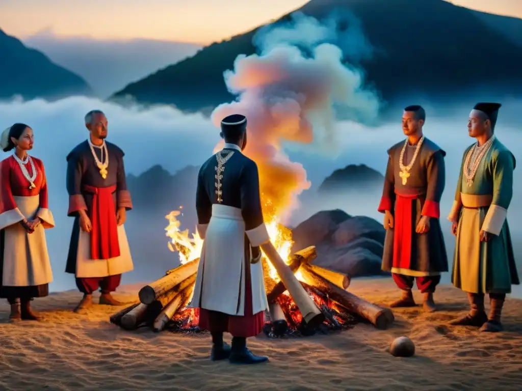 Un grupo en trajes tradicionales alrededor de una hoguera, en un ritual de recordación ancestral en la noche