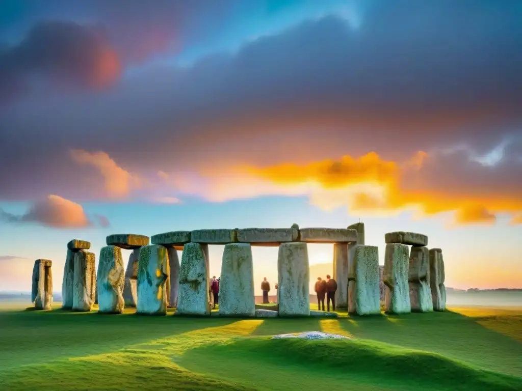 Un grupo de turistas maravillados por la antigua piedra de Stonehenge al atardecer, revelando los secretos ancestrales