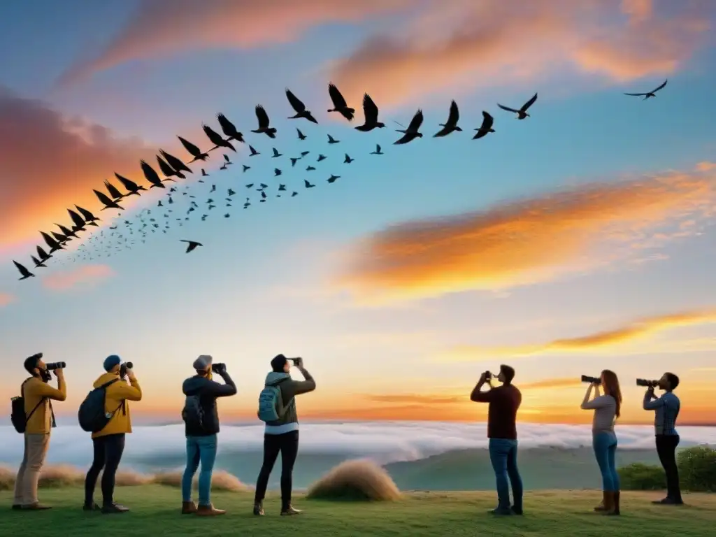 Un grupo variado de personas mirando al cielo con asombro, rodeados de aves en vuelo al atardecer