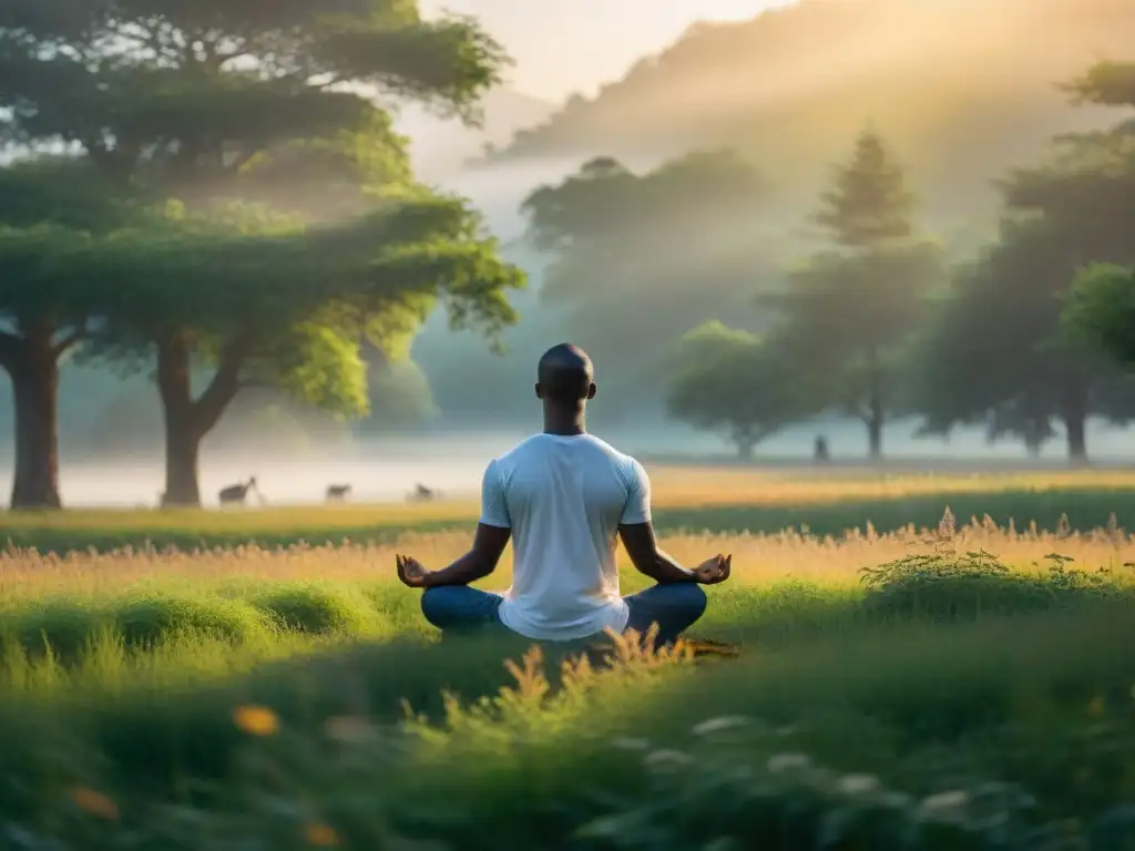 Grupo en meditación védica al amanecer en un prado verde con árboles altos