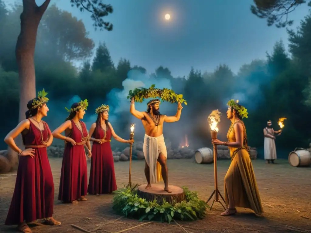 Un grupo vestido con atuendos griegos antiguos baila en un ritual bacanal bajo la luna en un claro del bosque