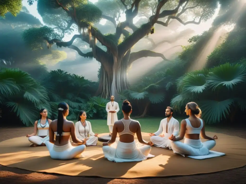 Un grupo de yoguis en vestimenta blanca bajo un árbol banyan, realizando rituales de iniciación yogui