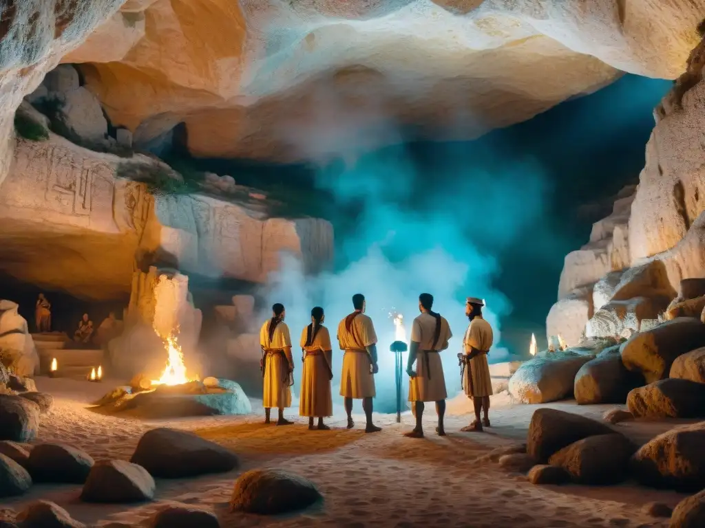 Grupo en vestimenta griega antigua listo para ritual en cueva mística