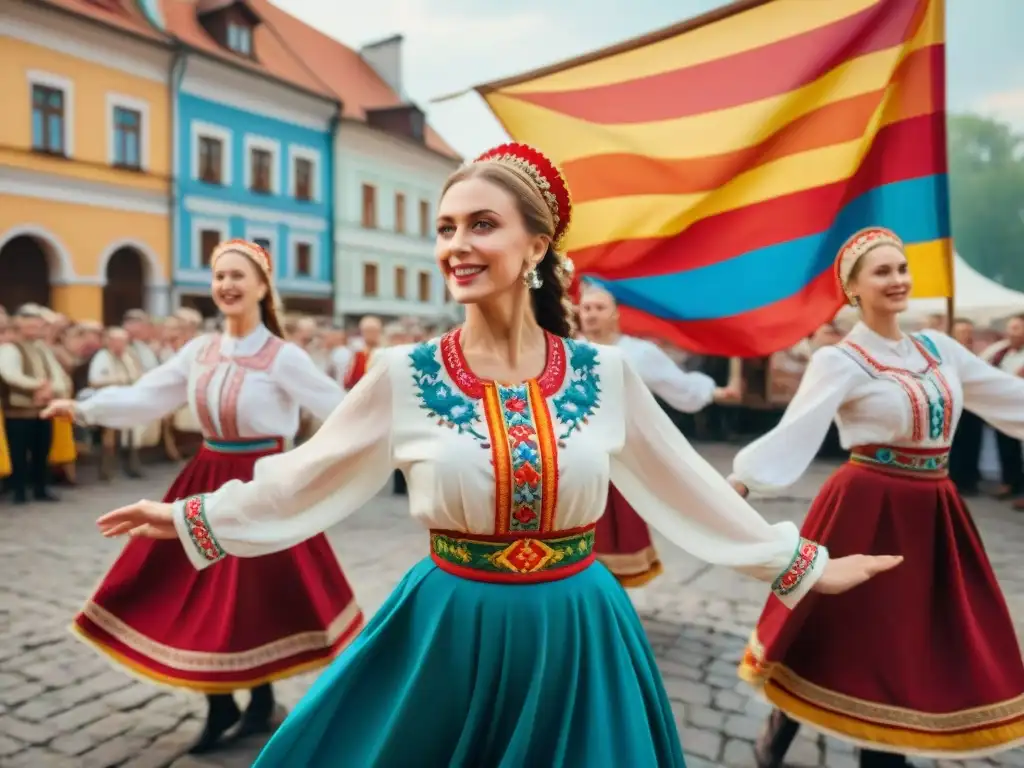 Grupo vibrante baila en festival eslavo, vestidos con trajes tradicionales y expresiones llenas de alegría