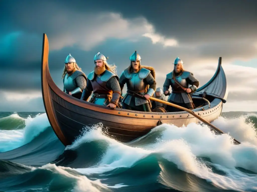 Un grupo de Vikingos exploradores navega en el mar del norte en un drakkar, enfrentando tormentas