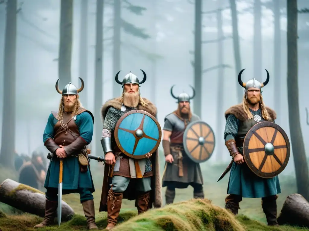 Un grupo de vikingos reenactores en un bosque neblinoso, con vestimenta y armas tradicionales, evocando valores éticos en mitología nórdica