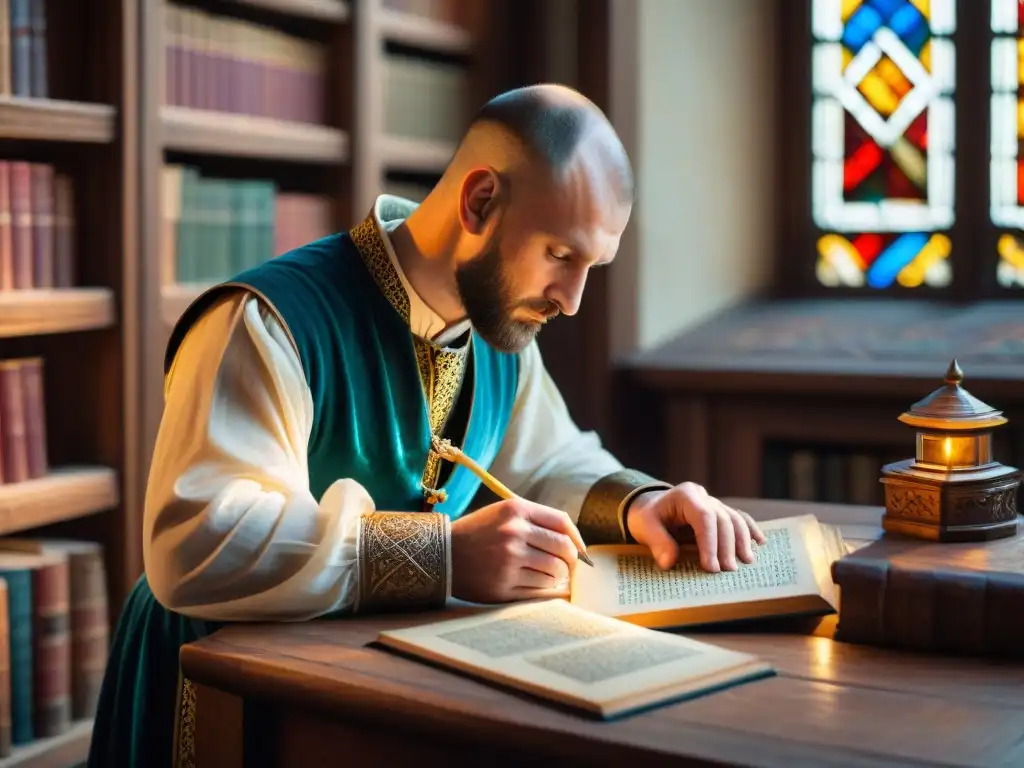 Guardián de manuscritos antiguos examina detenidamente un manuscrito iluminado en una biblioteca medieval iluminada por luz dorada