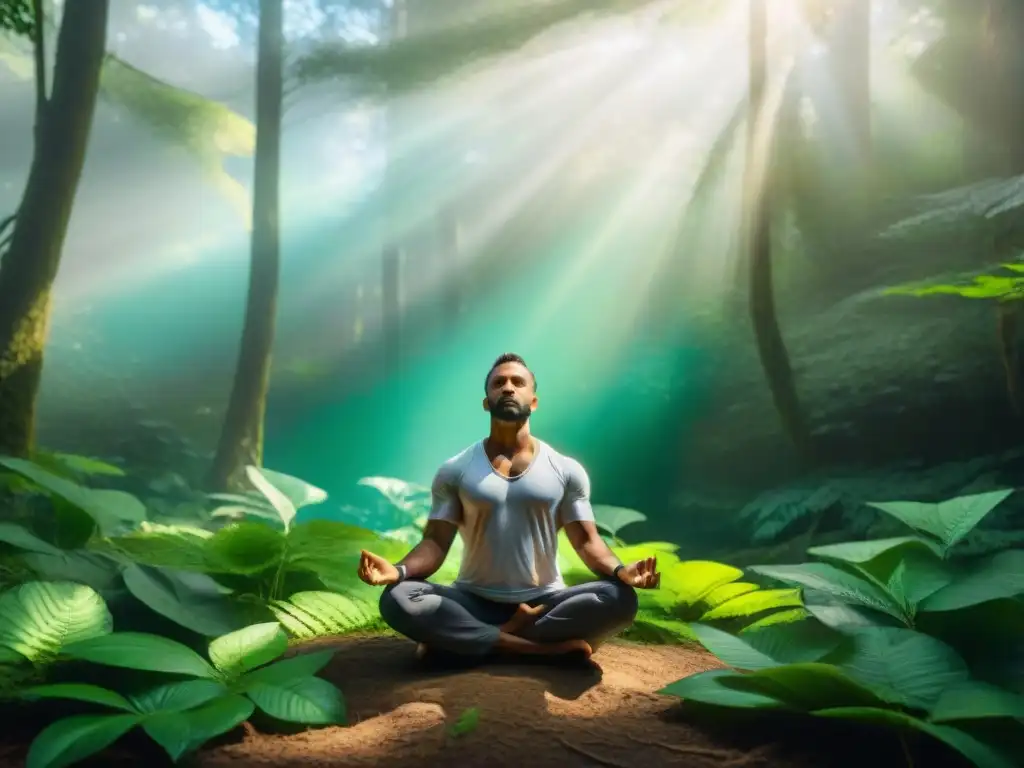 Guardianes del aliento meditación védica: Meditación en un bosque verde sereno con luz filtrada y figura en pose de meditación rodeada de orbes de luz