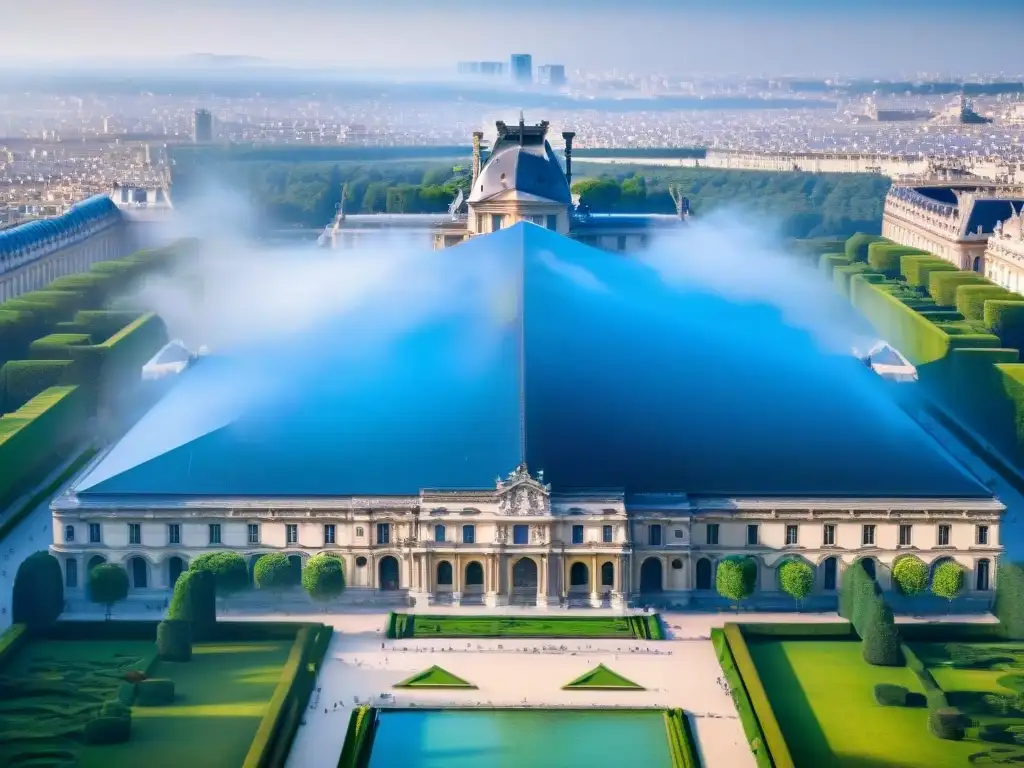 Guardianes de la Historia Civilizaciones Perdidas: Un majestuoso Louvre rodeado de jardines verdes y cielo azul