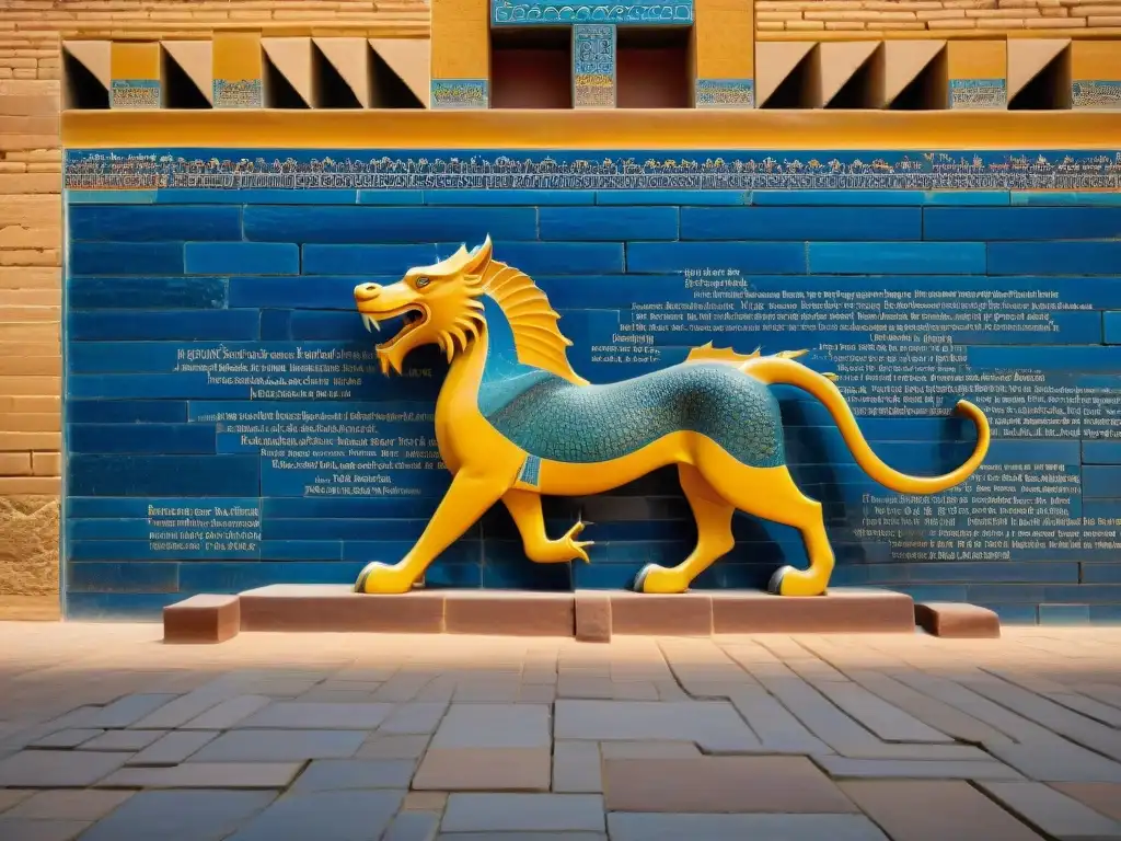 Guardianes de la Historia Civilizaciones Perdidas: Detalle colorido y majestuoso de la Puerta de Ishtar en Babilonia, con dragones y toros