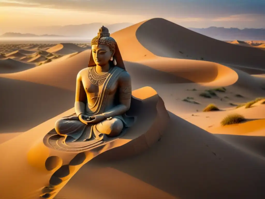 Guardianes de la Historia: Estatua de piedra antigua semienterrada en un desierto remoto al atardecer