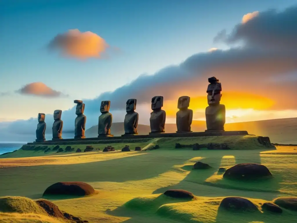 Guardianes de piedra de la Isla de Pascua en misterioso atardecer