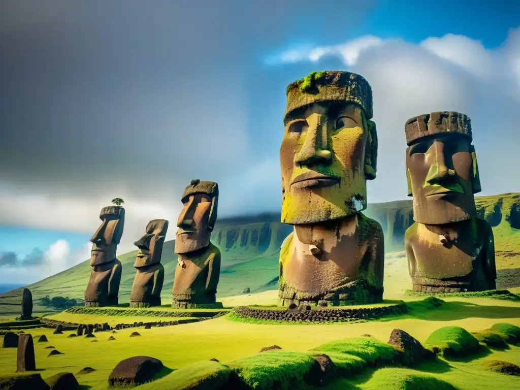 Guardianes de piedra en la Isla de Pascua: misteriosos Moai en medio de exuberante naturaleza