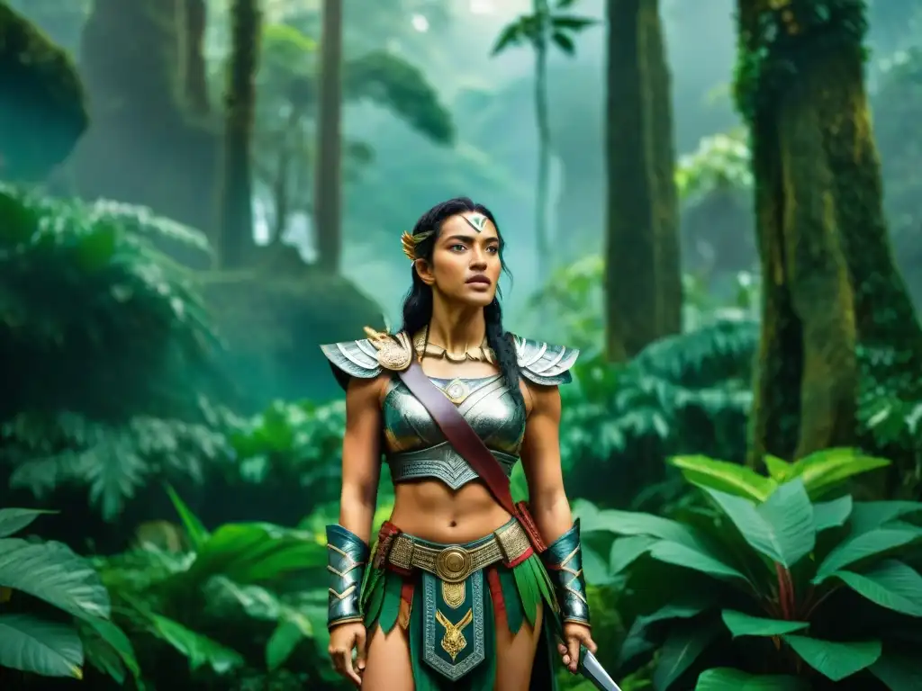 Una guerrera Amazona de la mitología griega, con armadura adornada, empuñando una espada en la exuberante jungla amazónica