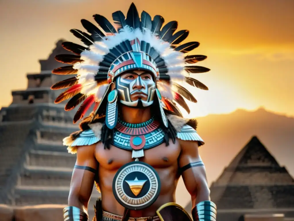 Un guerrero águila azteca en un atardecer, simbolizando fuerza y coraje