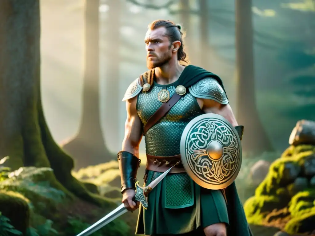 Guerrero celta en misterioso bosque de batalla Un guerrero celta en armadura de batalla, con espada y escudo, en un bosque misterioso