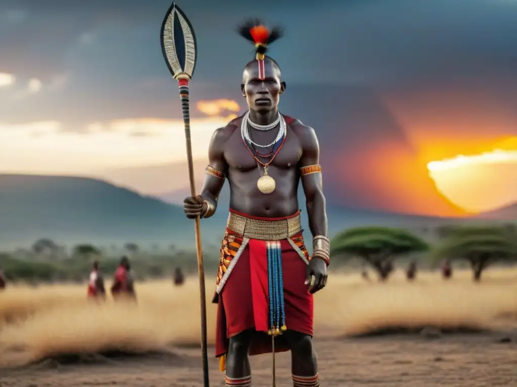 Un guerrero Maasai en un rito de iniciación africano, rodeado de compañeros tribales en la sabana africana al atardecer dorado