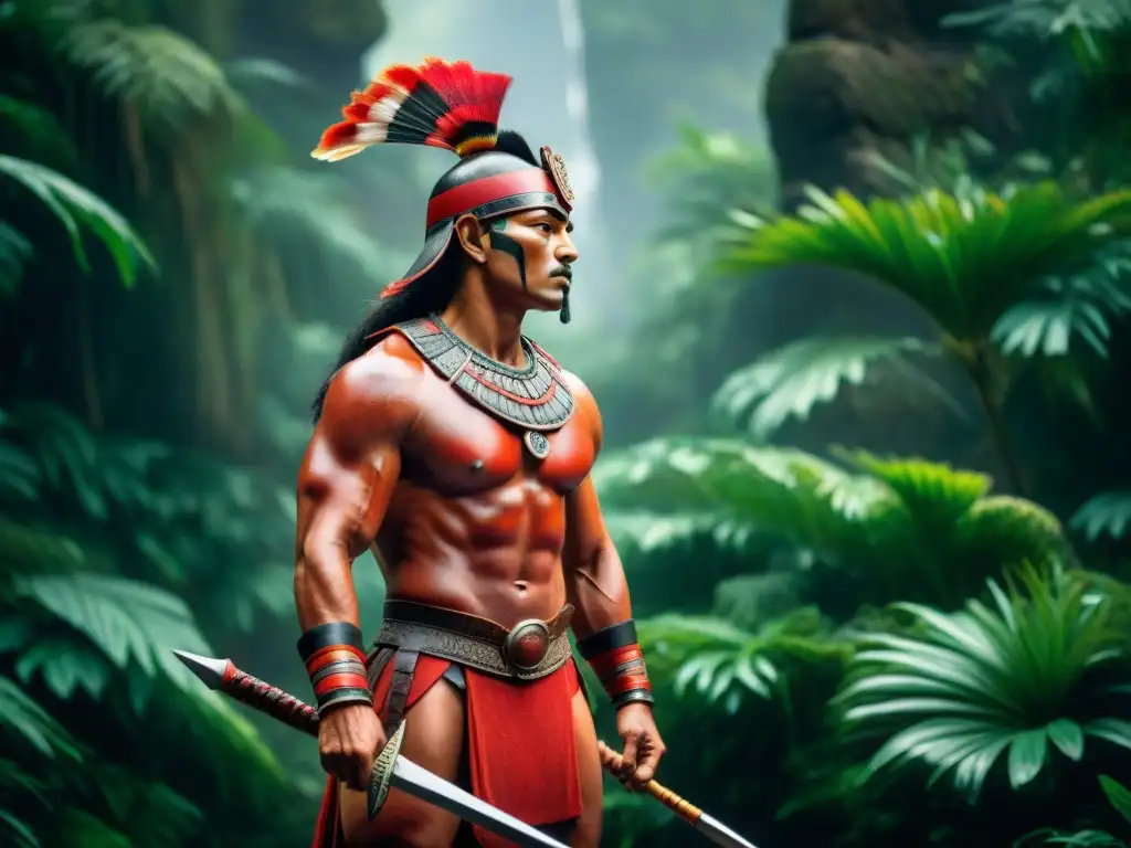 Un guerrero maya antiguo con joyas de jaspe rojo y lanza, rodeado de jungla exuberante