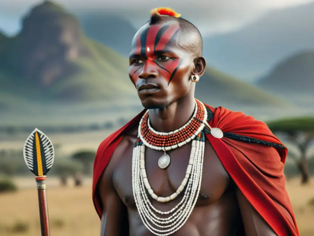 Un guerrero Masai con vestimentas en rituales de paso destaca en la sabana, simbolizando fuerza y tradición