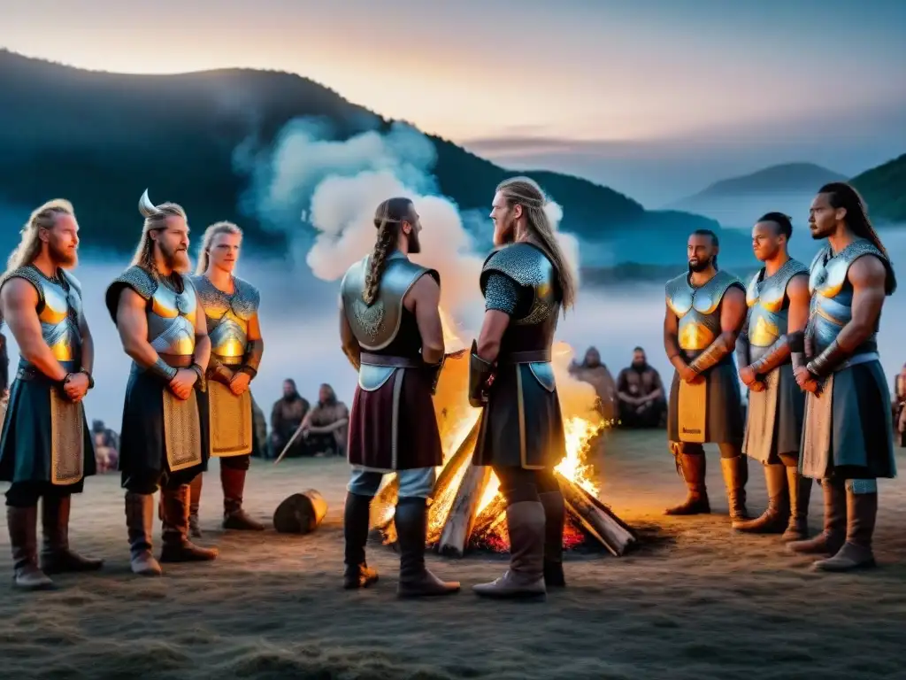 Iniciación de guerreros vikingos en una ceremonia ritual alrededor de una hoguera, sus rostros iluminados por las llamas