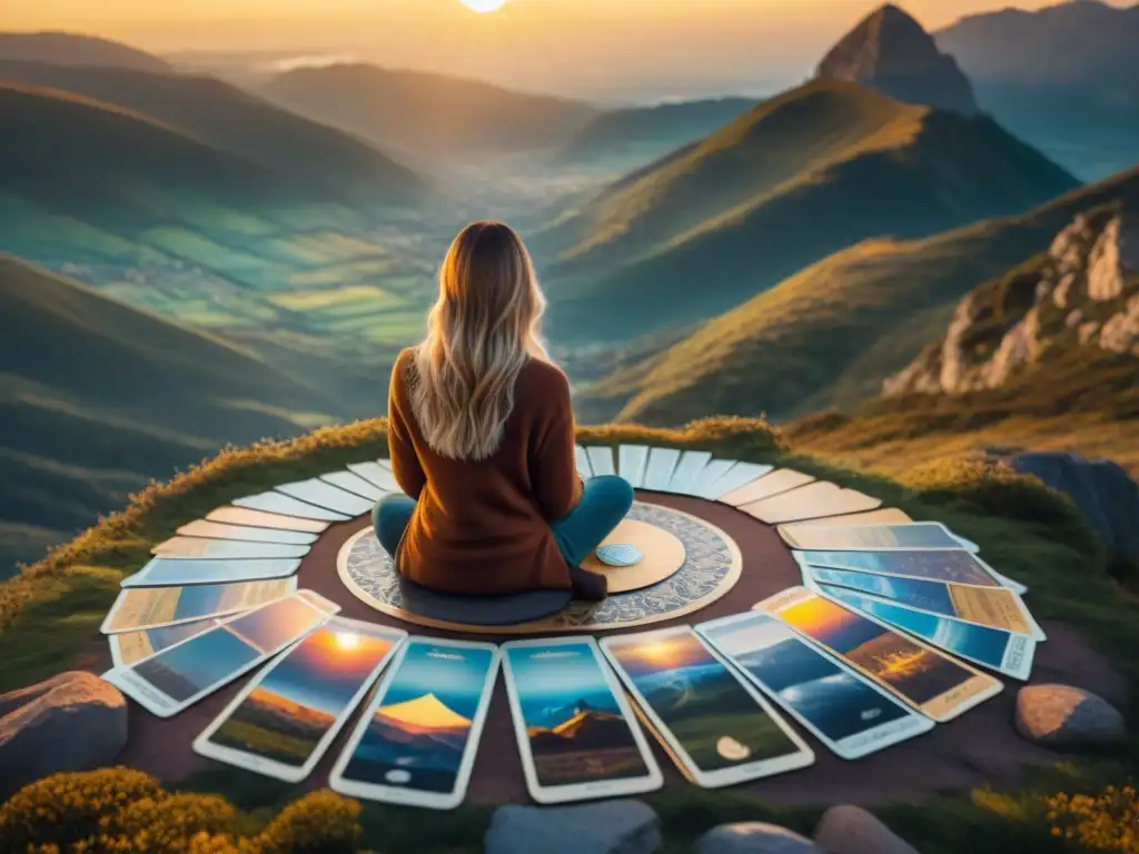 Un guía espiritual con Tarot y astros medita al amanecer en la cima de la montaña